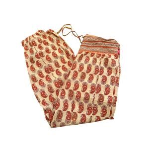 Flamenco Women's Orange Paisley Print On Beige Cotton Joggers Smocked Waist - M